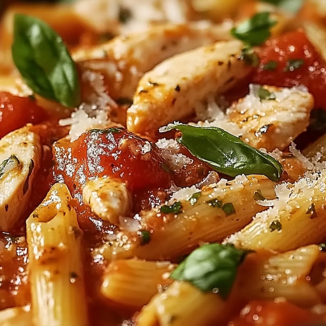 Ein Teller Nudeln mit Hähnchen und Tomaten.