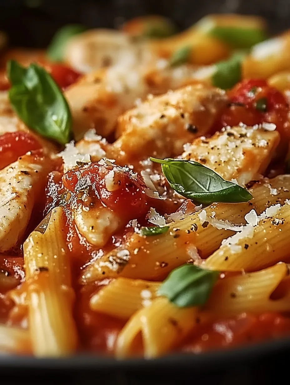 Ein Teller Pasta mit Hühnchen und Tomaten.