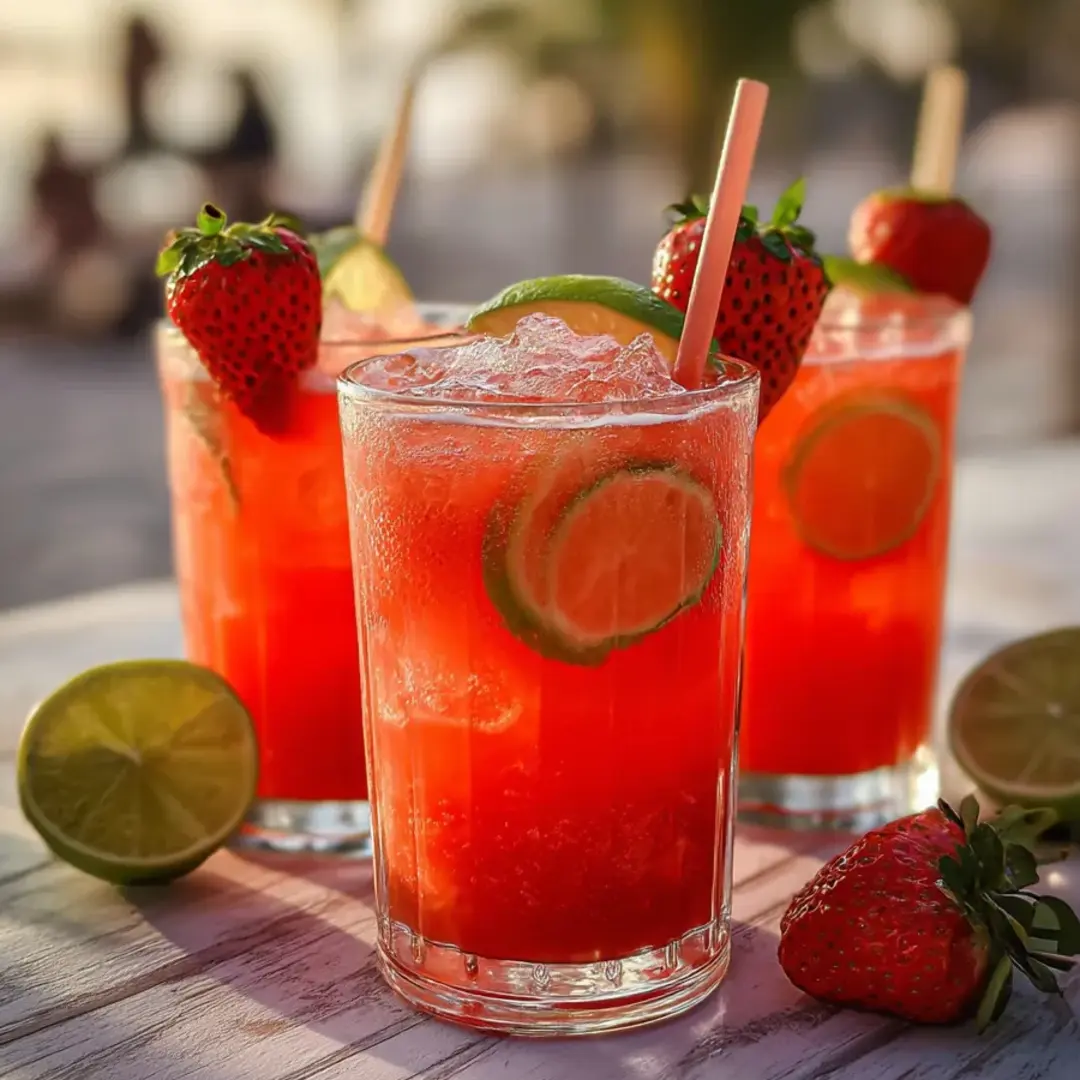 Zwei Gläser roter Drink mit Erdbeeren und Limetten.