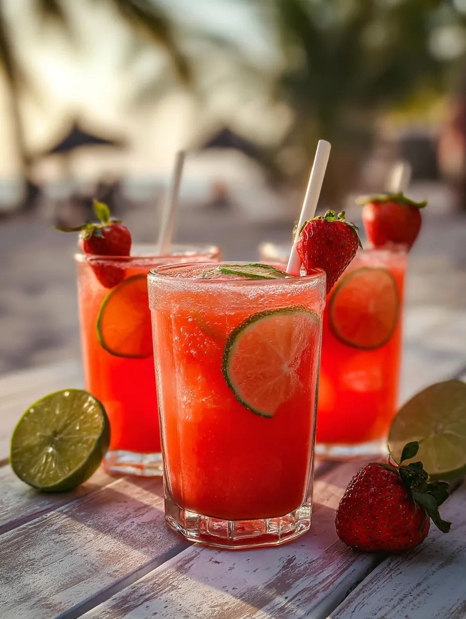 Drei Gläser mit pinkem Drink, Erdbeeren und Limettenscheiben.