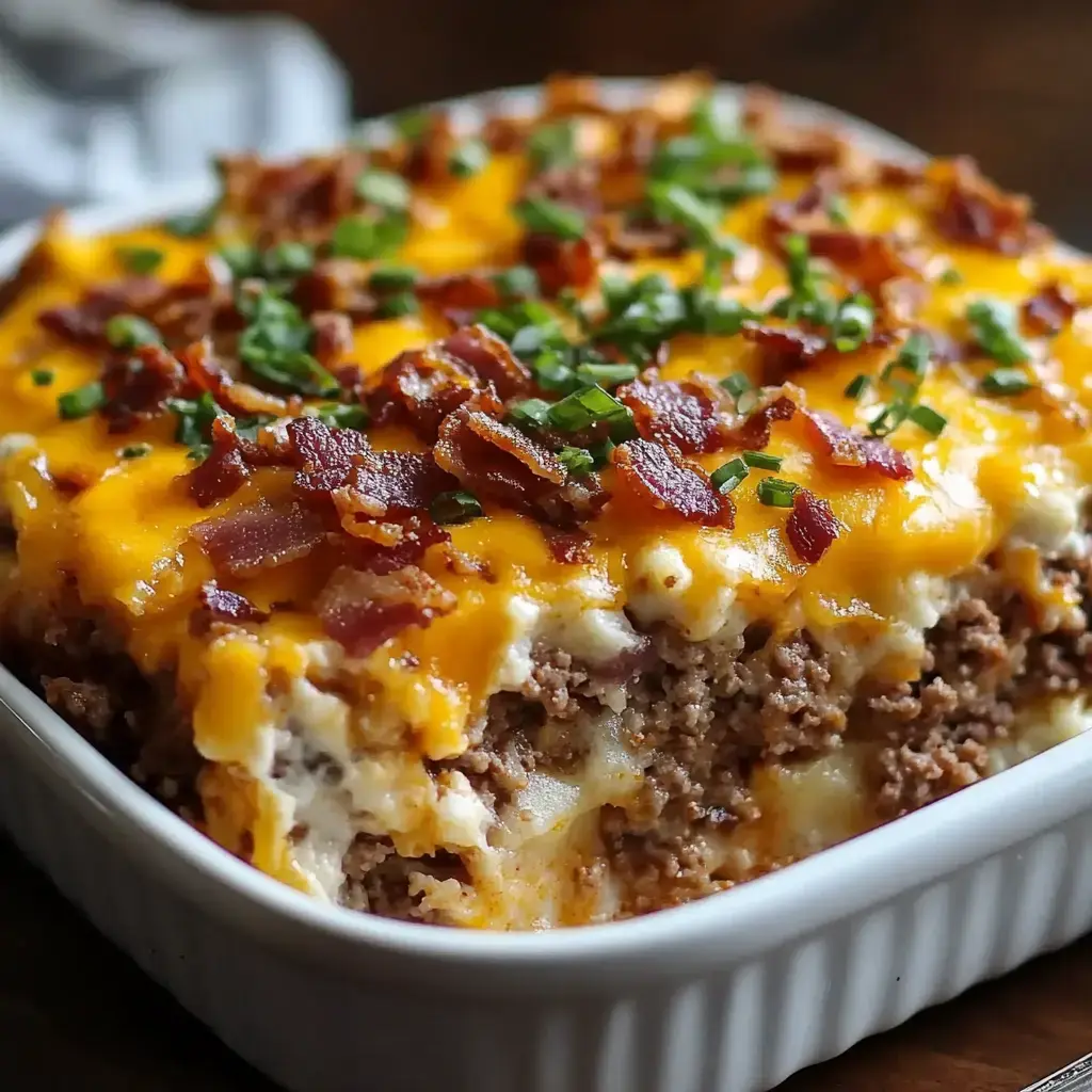 Ein gebackenes Gericht mit Schichten aus Hackfleisch, cremiger Füllung und einer Topping aus geschmolzenem Cheddar, knusprigem Speck und Frühlingszwiebeln.