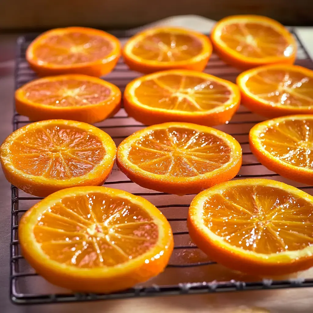 Halbierte Orangenscheiben liegen auf einem Drahtgitter und glänzen mit einem sirupartigen Überzug.