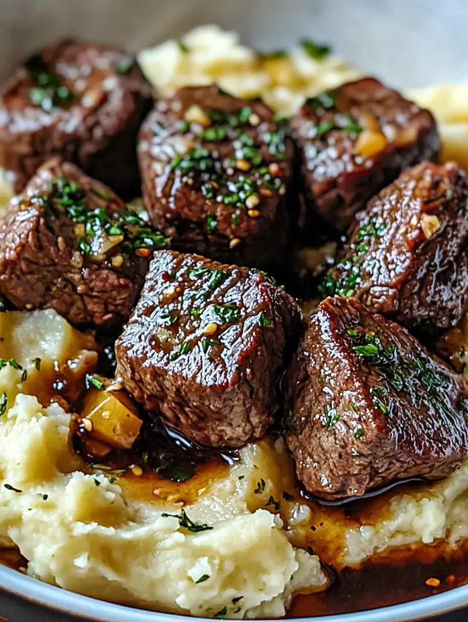Eine Schüssel mit zarten Rindfleischstücken, garniert mit Kräutern, serviert auf cremigem Kartoffelpüree mit einer herzhaften Sauce.