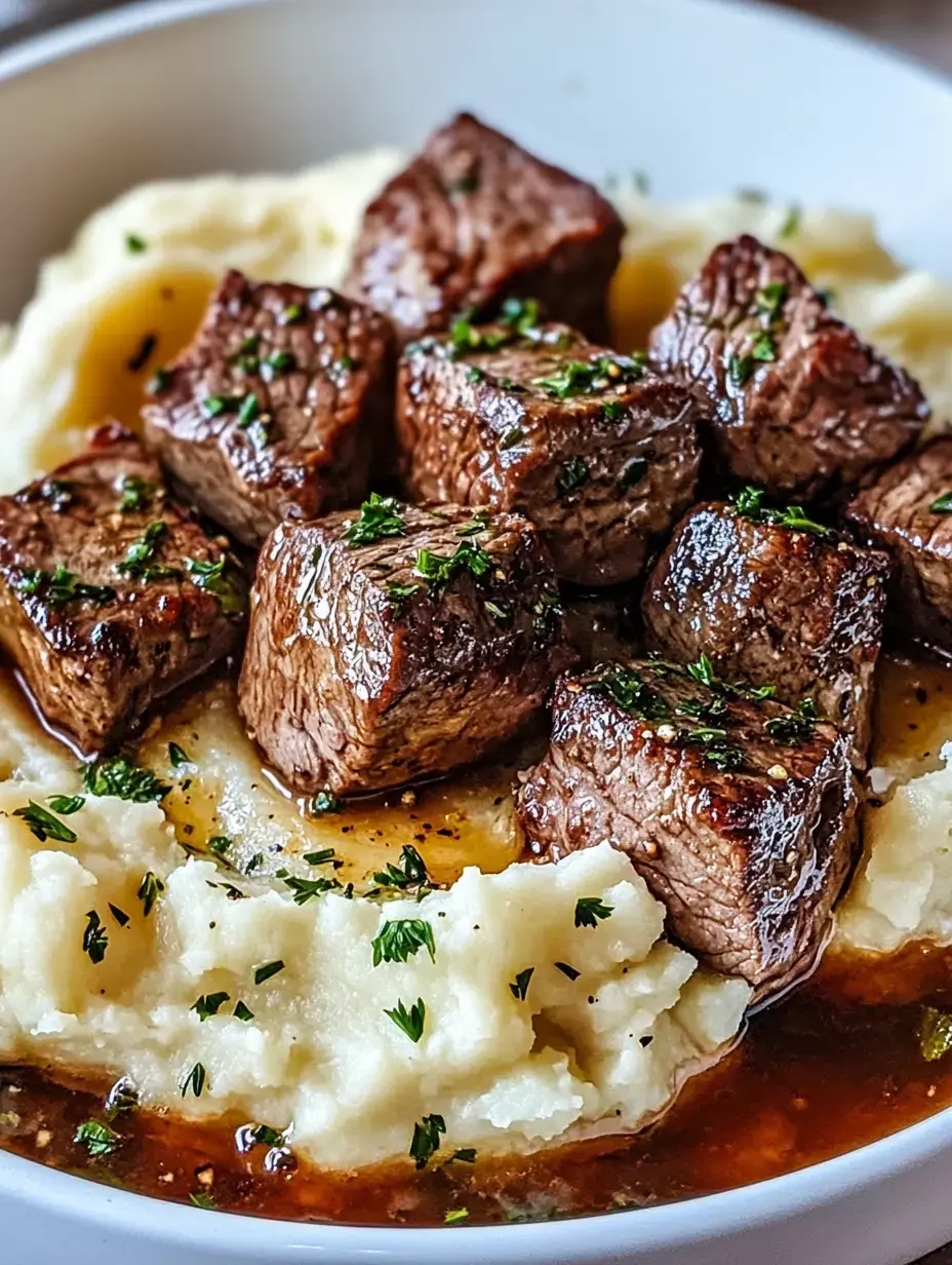 Eine Schüssel cremiges Kartoffelpüree belegt mit zarten Stücken angebratenem Rindfleisch, garniert mit Petersilie und einer Sauce.