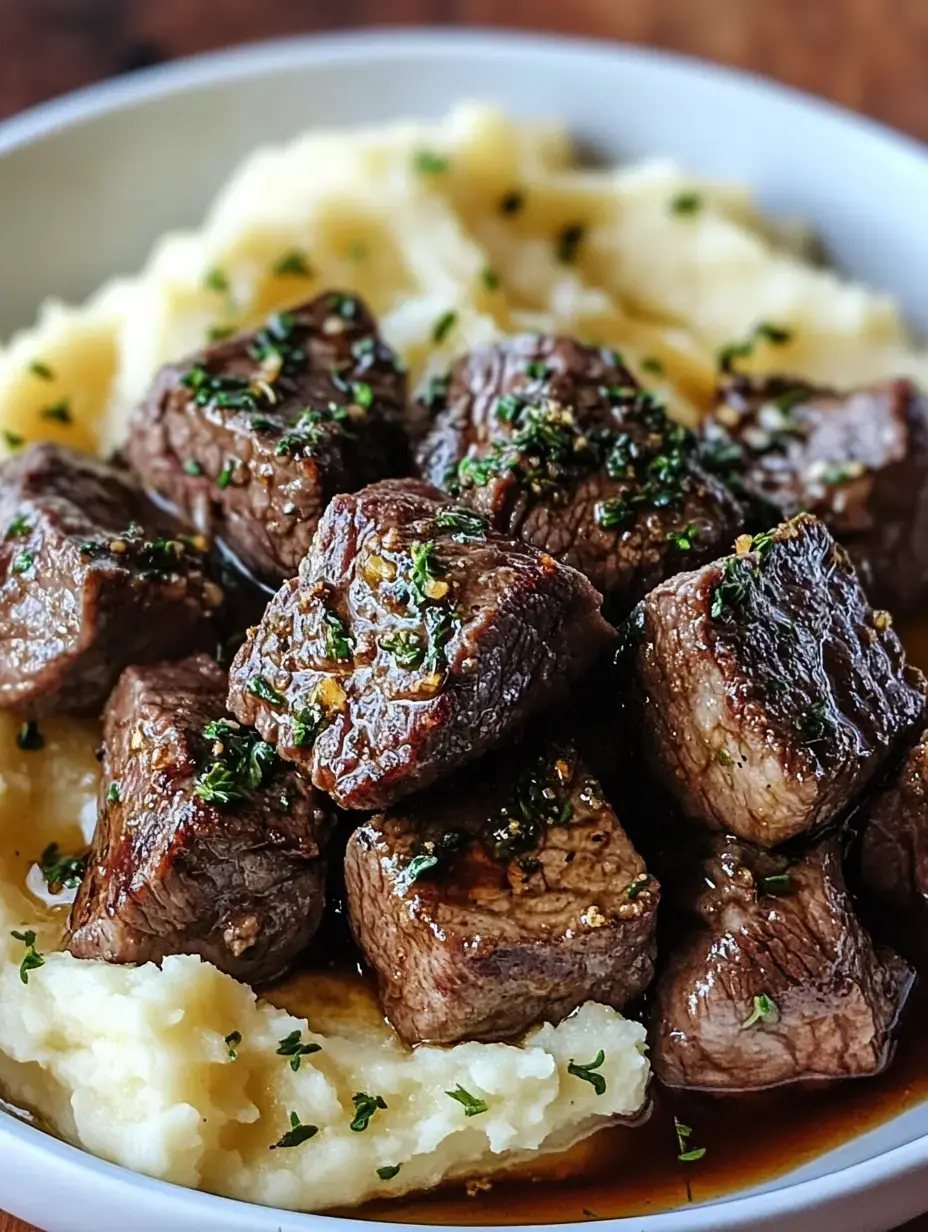 Eine Schüssel mit zarten Rindfleischwürfeln, belegt mit grünen Kräutern, serviert auf cremigem Kartoffelpüree.