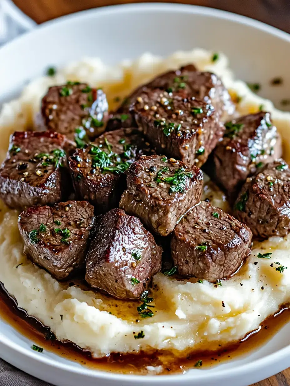 Ein Teller mit saftigen Rindfleischwürfeln, belegt mit Kräutern, serviert auf cremigem Kartoffelpüree mit einem Hauch Sauce.