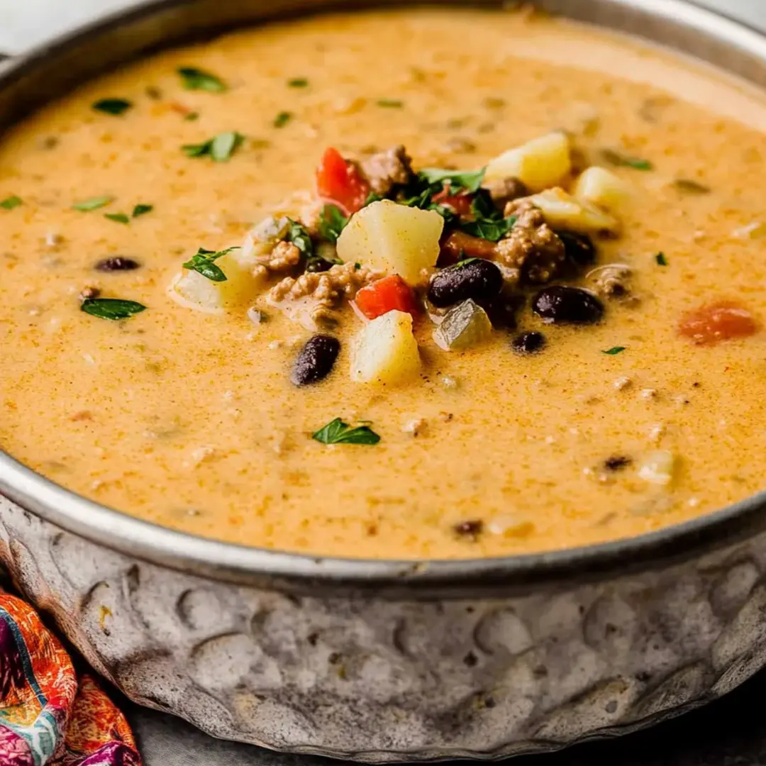Eine Schüssel Suppe mit einem Löffel darin.