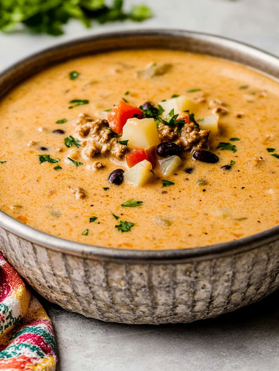 A bowl of soup with a spoon in it.
