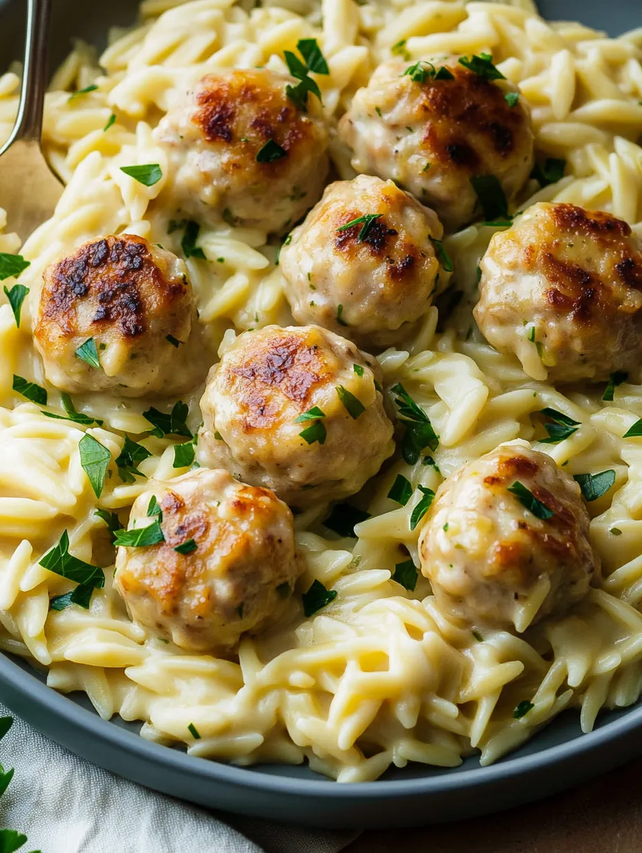 Ein Teller Pasta mit Fleischbällchen und Sauce.