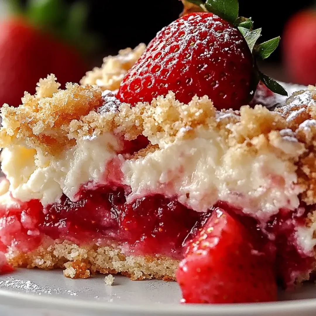 Ein Stück Kuchen mit Erdbeeren oben drauf.