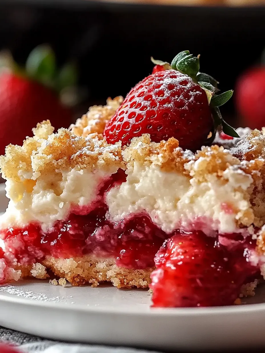 Ein Stück Erdbeer-Käsekuchen mit einer Erdbeere obendrauf.