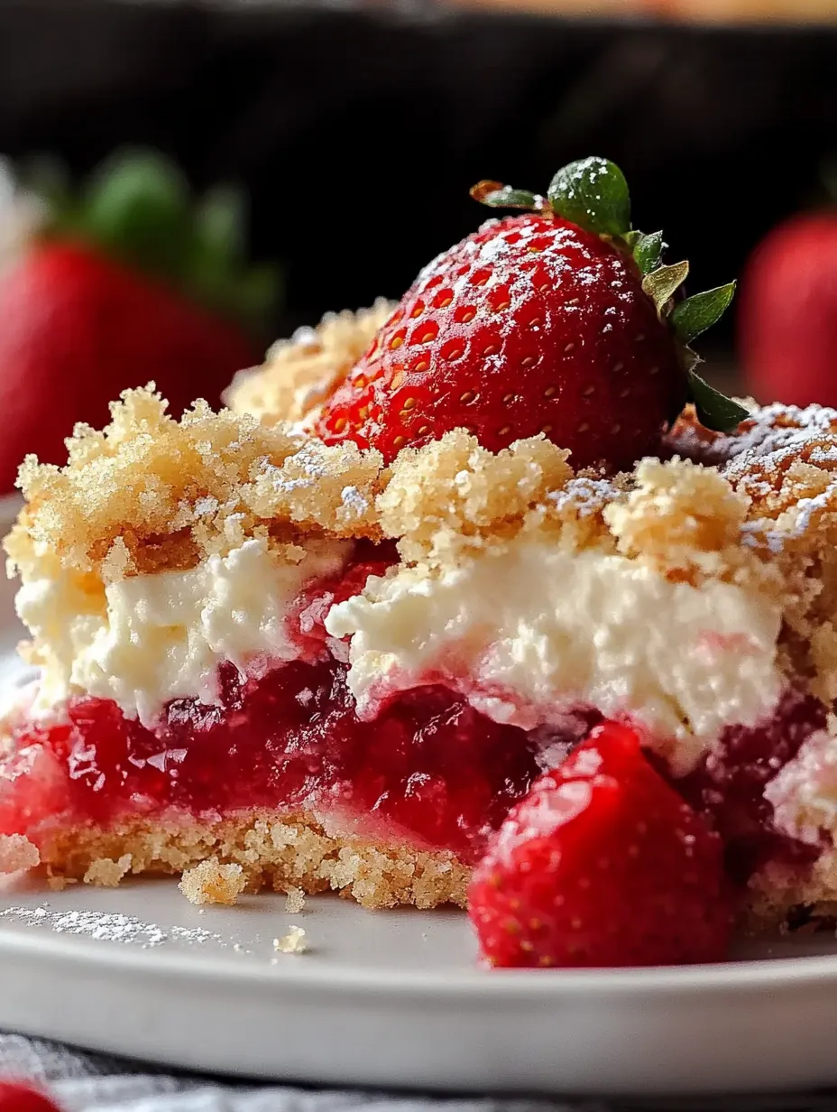 Ein Stück Kuchen mit frischen Erdbeeren oben drauf.