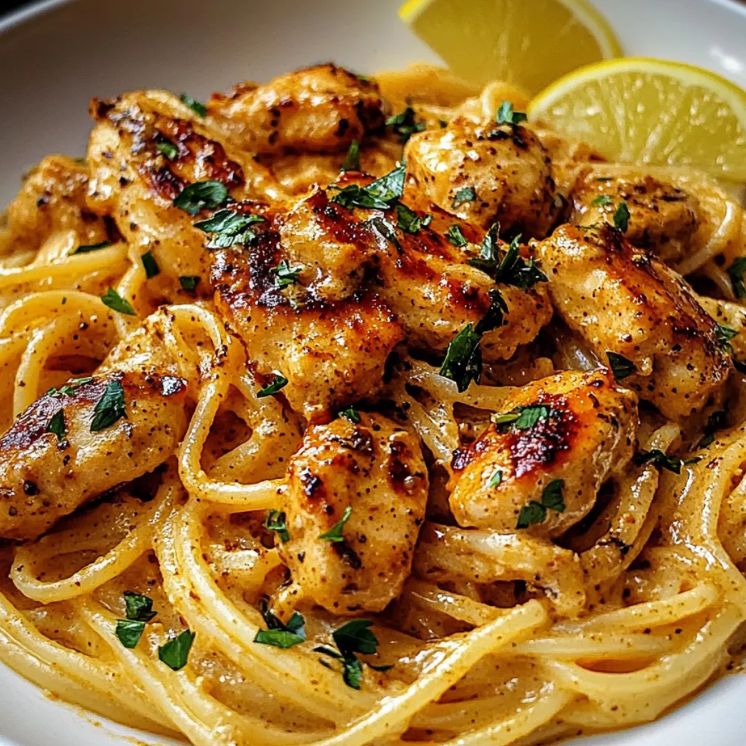 Hähnchenpasta in einer Schale mit frischer Zitrone oben drauf.