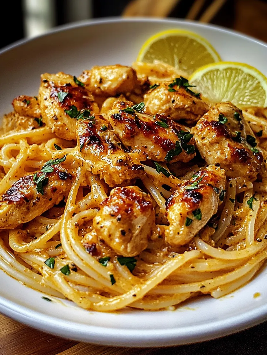Eine Schale Pasta mit Hähnchen und Zitronenspalten.