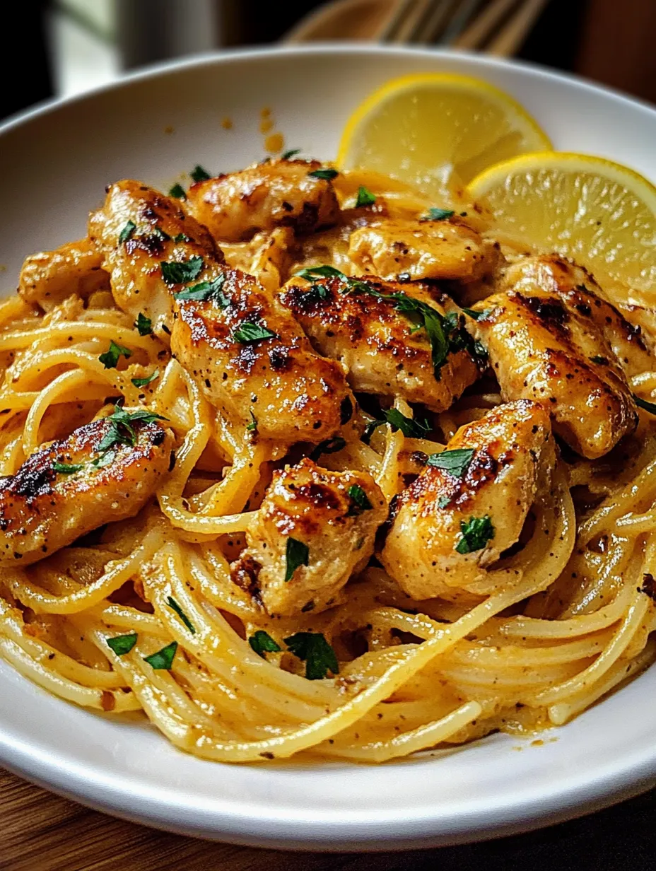 Eine Schale Pasta mit Hähnchen und Zitrone.