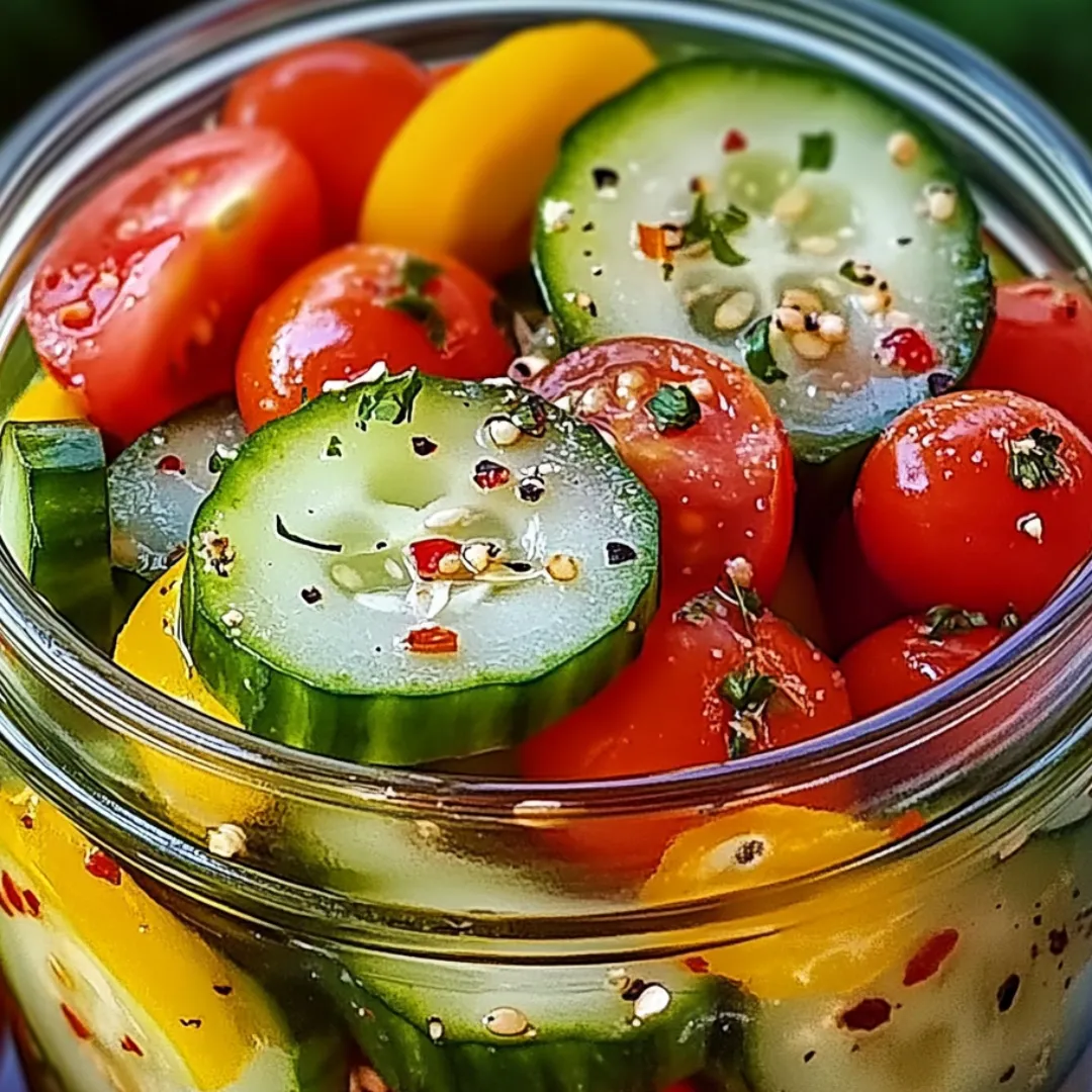 A glass jar filled with sliced cucumbers and tomatoes.
