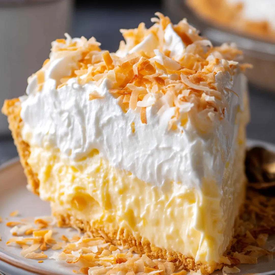 A slice of pie with white cream and coconut on top.