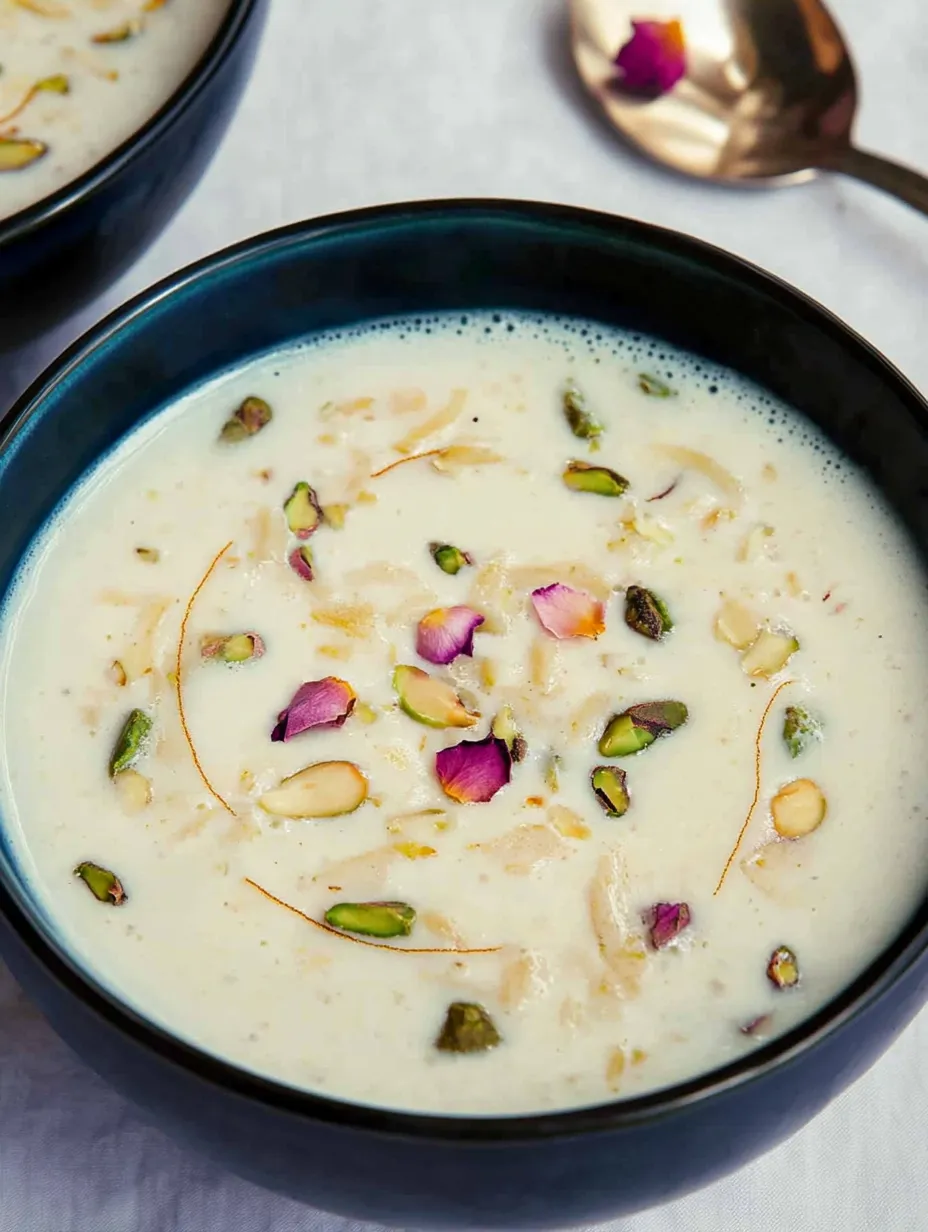 Eine Schüssel Suppe mit Nüssen und Blüten.