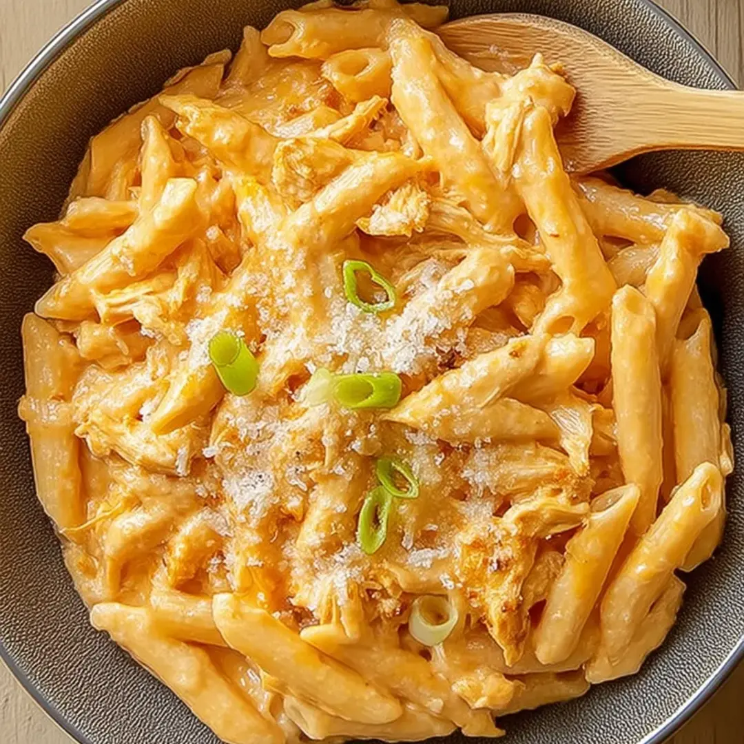 Eine Schüssel Nudeln mit Hähnchen und Käse.