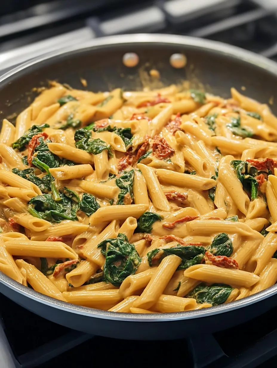 Eine Pfanne mit Nudeln, Spinat und Tomatensauce.