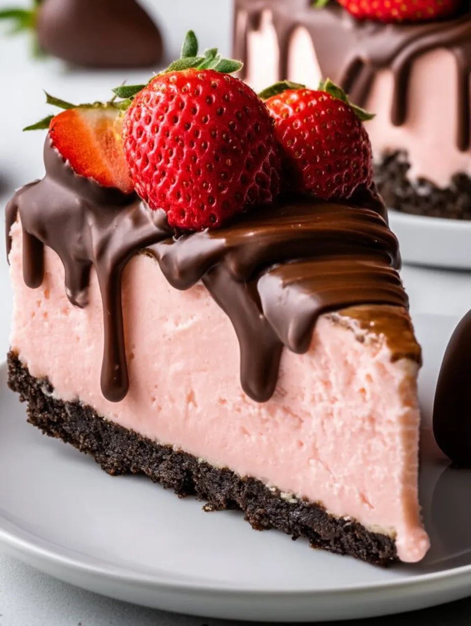 Ein Stück rosa Kuchen mit Schokoladenglasur und Erdbeeren obendrauf.