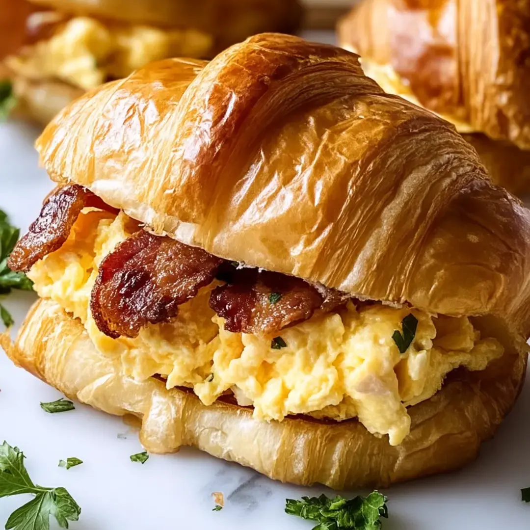 Ein Croissant-Sandwich mit Speck und Ei.