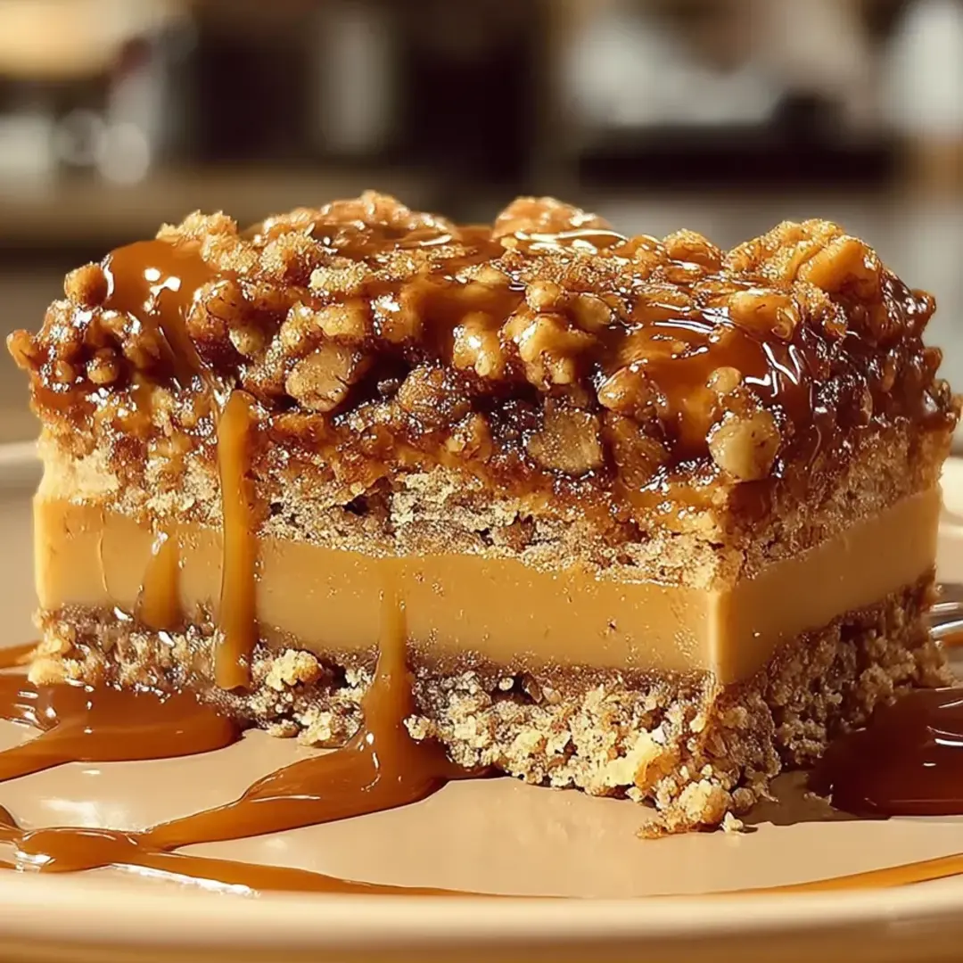 Ein Stück Karamellkuchen mit Nüssen.