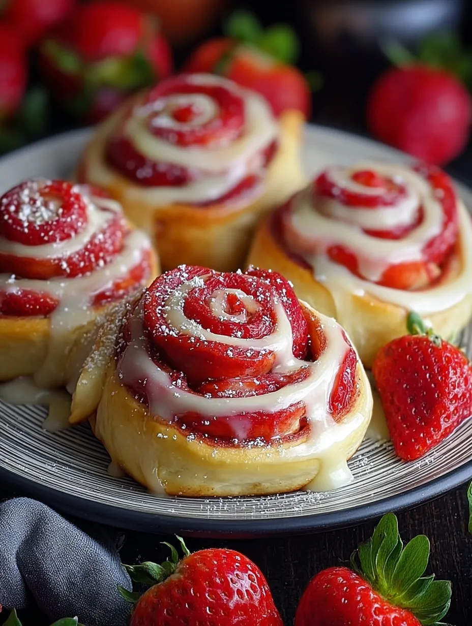 Ein Teller mit Erdbeerkuchen und Puderzucker.