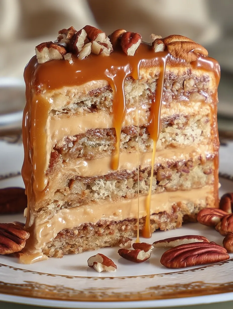 A slice of cake with peanut butter and nuts.