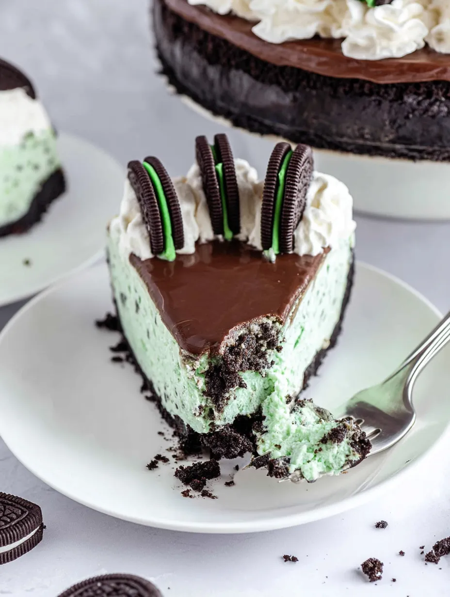 A slice of chocolate cake with Oreo cookies on top.