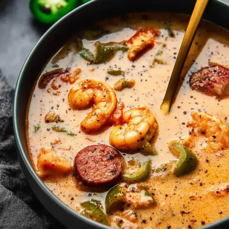 Eine Schüssel Suppe mit Garnelen und Paprika.