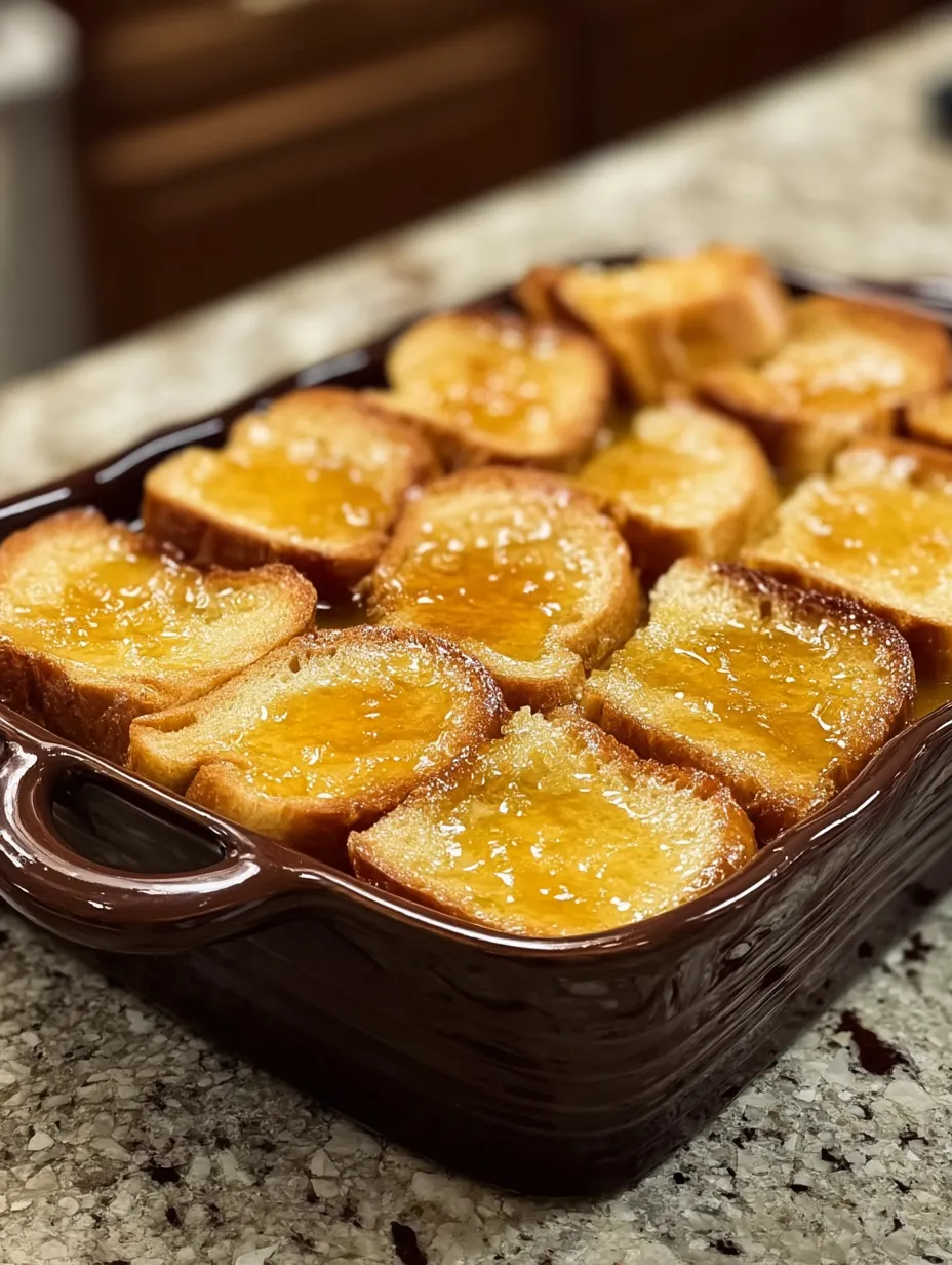 Eine braune Auflaufform mit Brot und süßer Soße.
