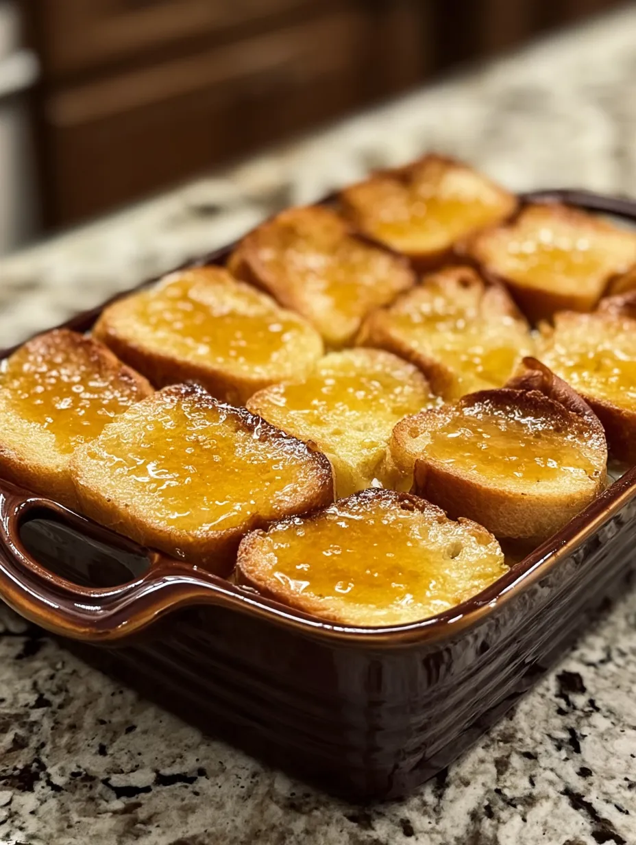 Eine Auflaufform mit Brot und süßer Soße.