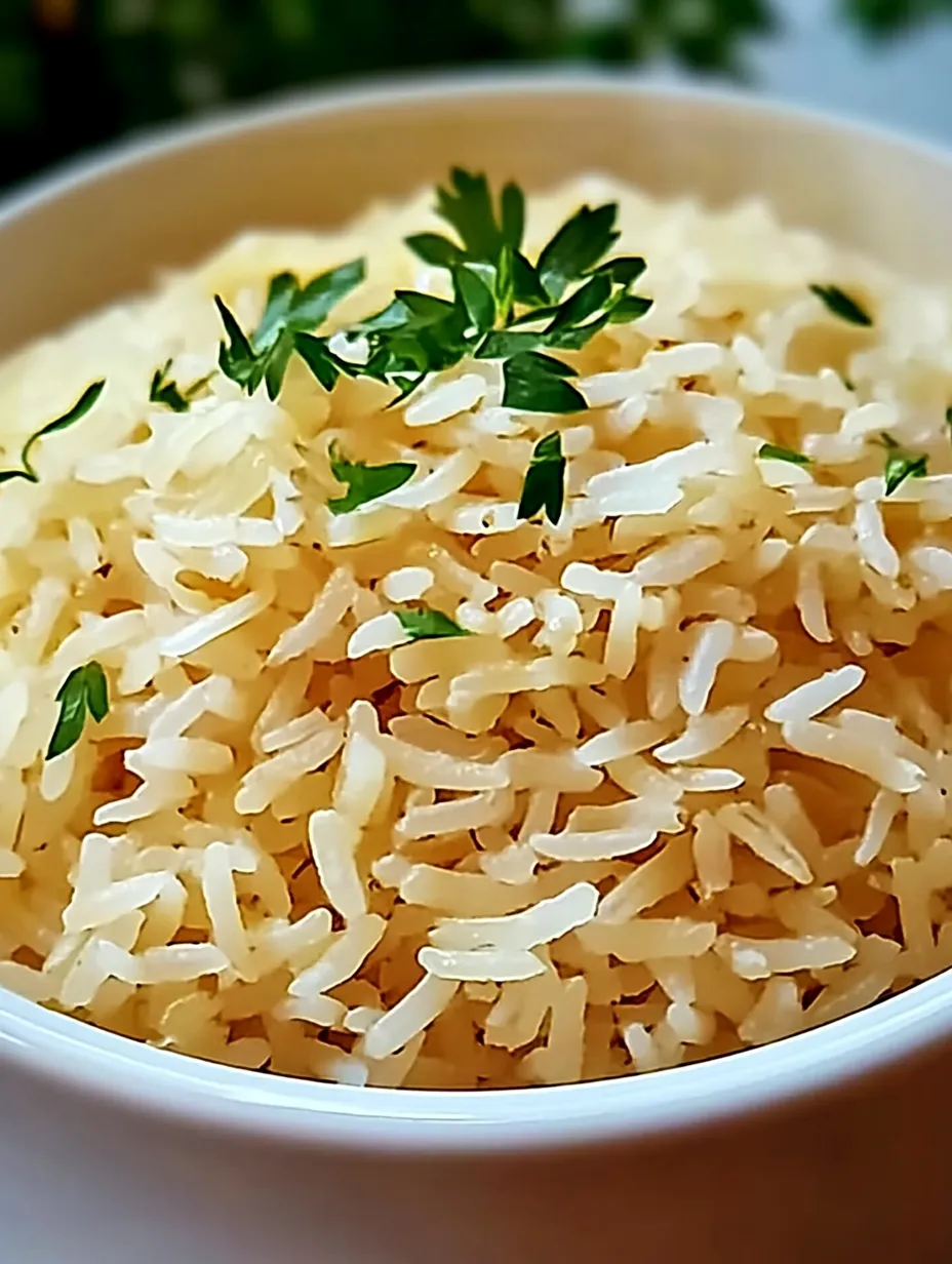 Eine Schüssel Reis mit einem grünen Kraut obenauf.