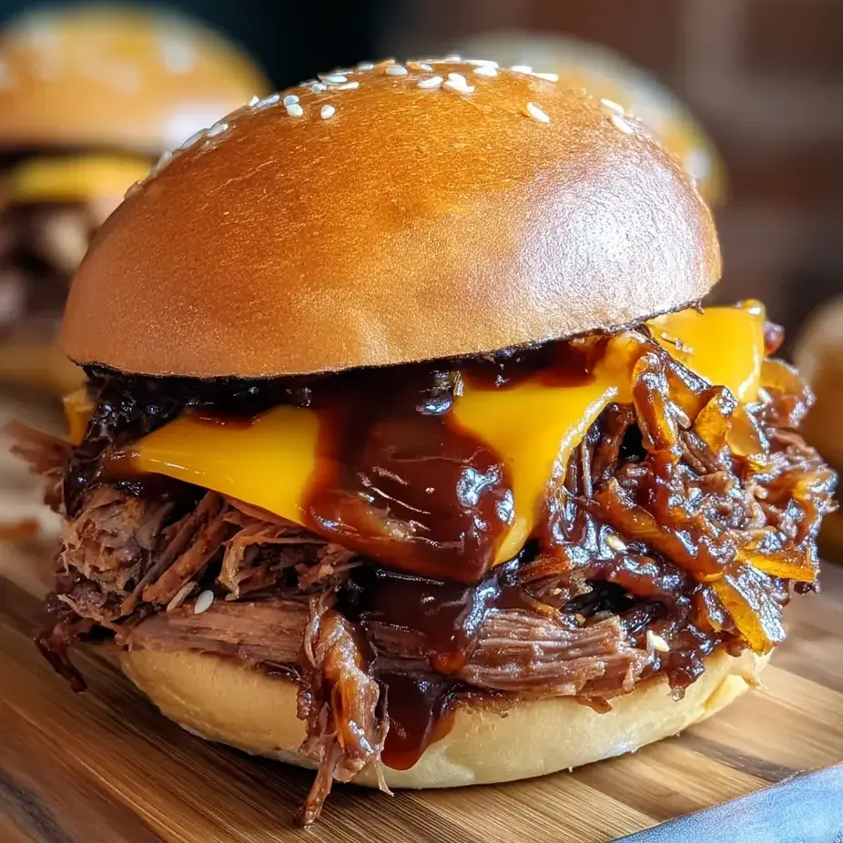 Eine Nahaufnahme eines Sandwiches mit BBQ-Soße.