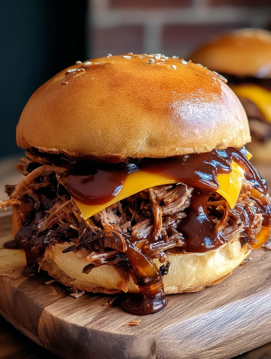 Eine Nahaufnahme eines Barbecue-Sandwiches mit Sauce.