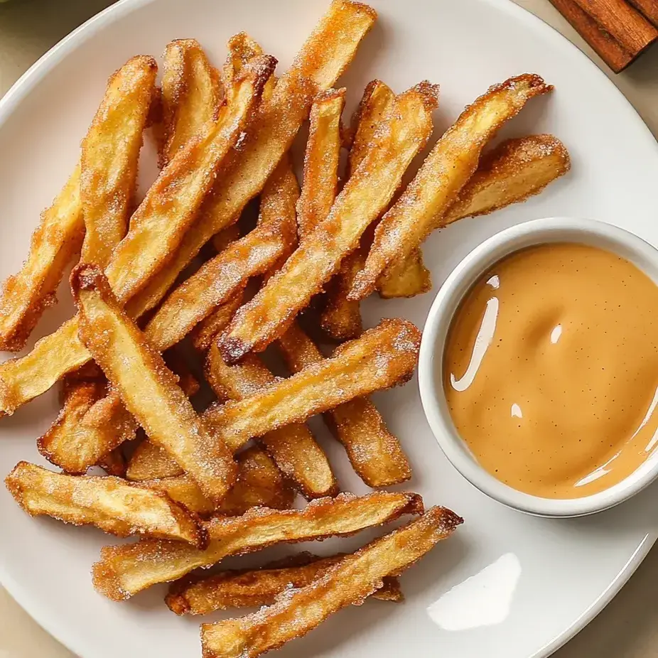 Ein Teller mit Pommes und einer Dip-Sauce.