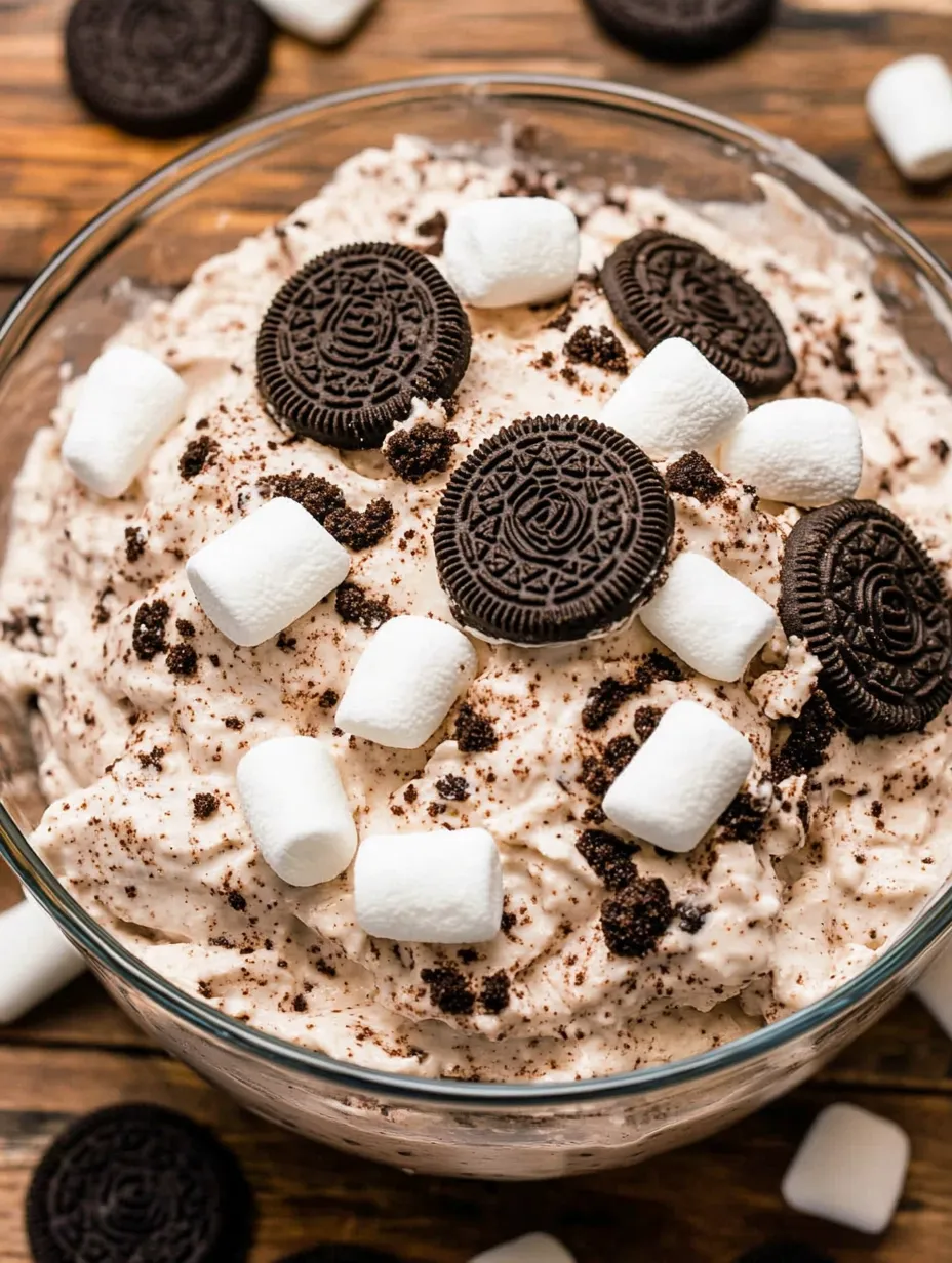 Eine Schüssel Eiscreme mit Marshmallows und Oreo-Keksen.
