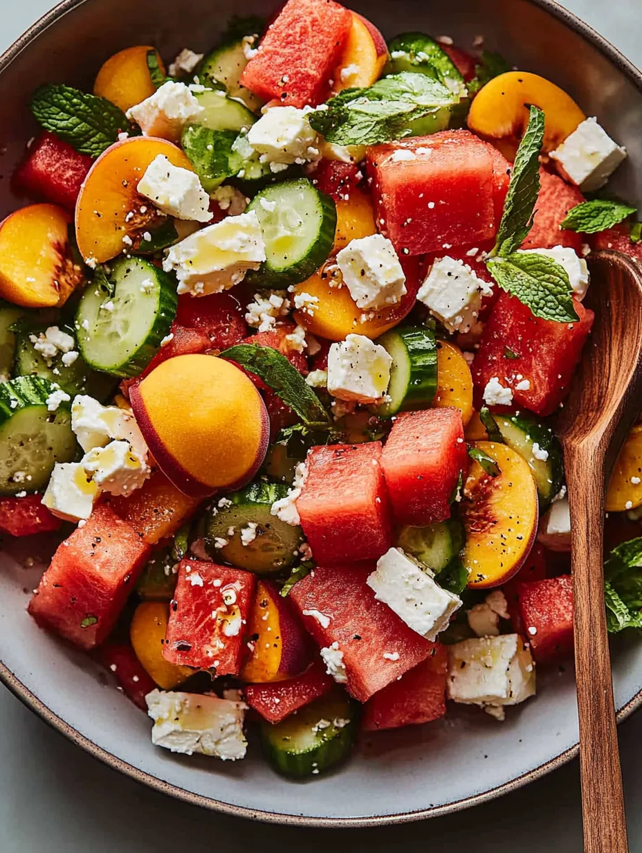 Eine Schüssel Obstsalat mit Wassermelone, Gurke und Fetakäse.