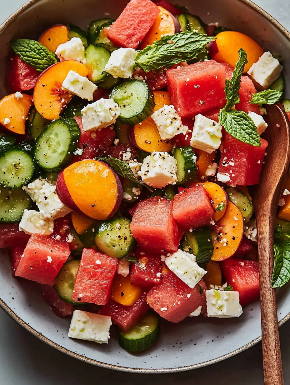Eine Schüssel Obstsalat mit Wassermelone, Gurke und Fetakäse.