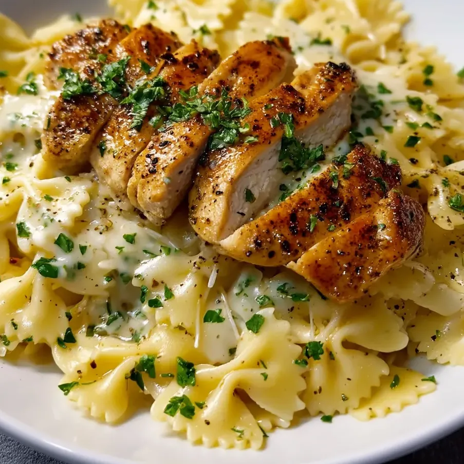 Teller mit Pasta, belegt mit Hähnchen und frischen Kräutern.