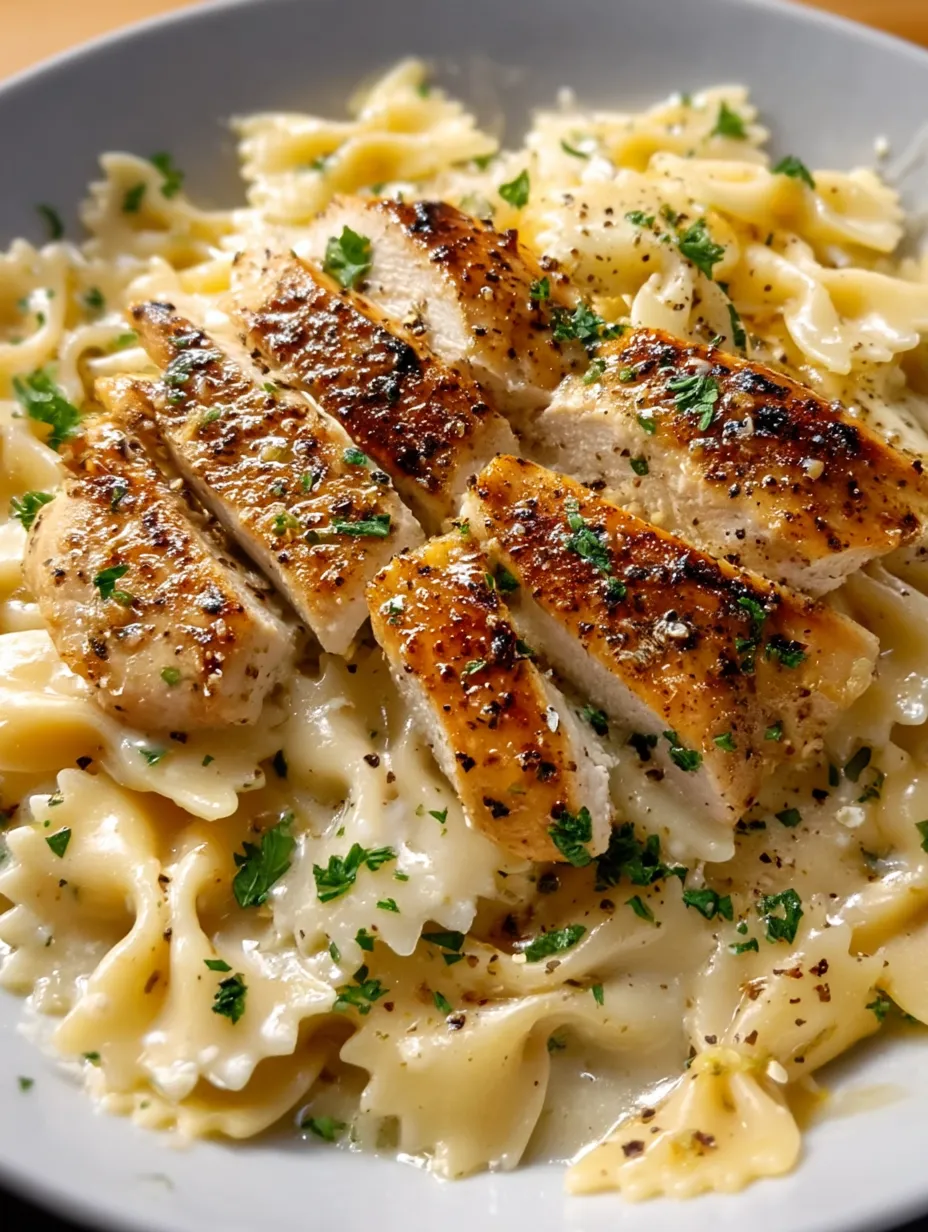Ein Teller Pasta mit Hähnchen darauf.