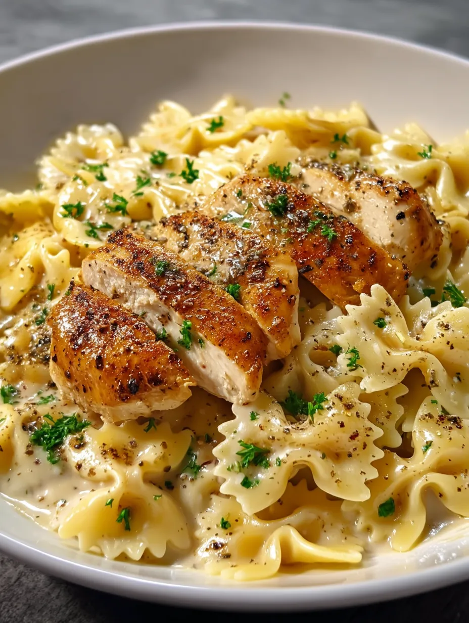 Eine Schüssel Pasta mit Hähnchen und Kräutern.