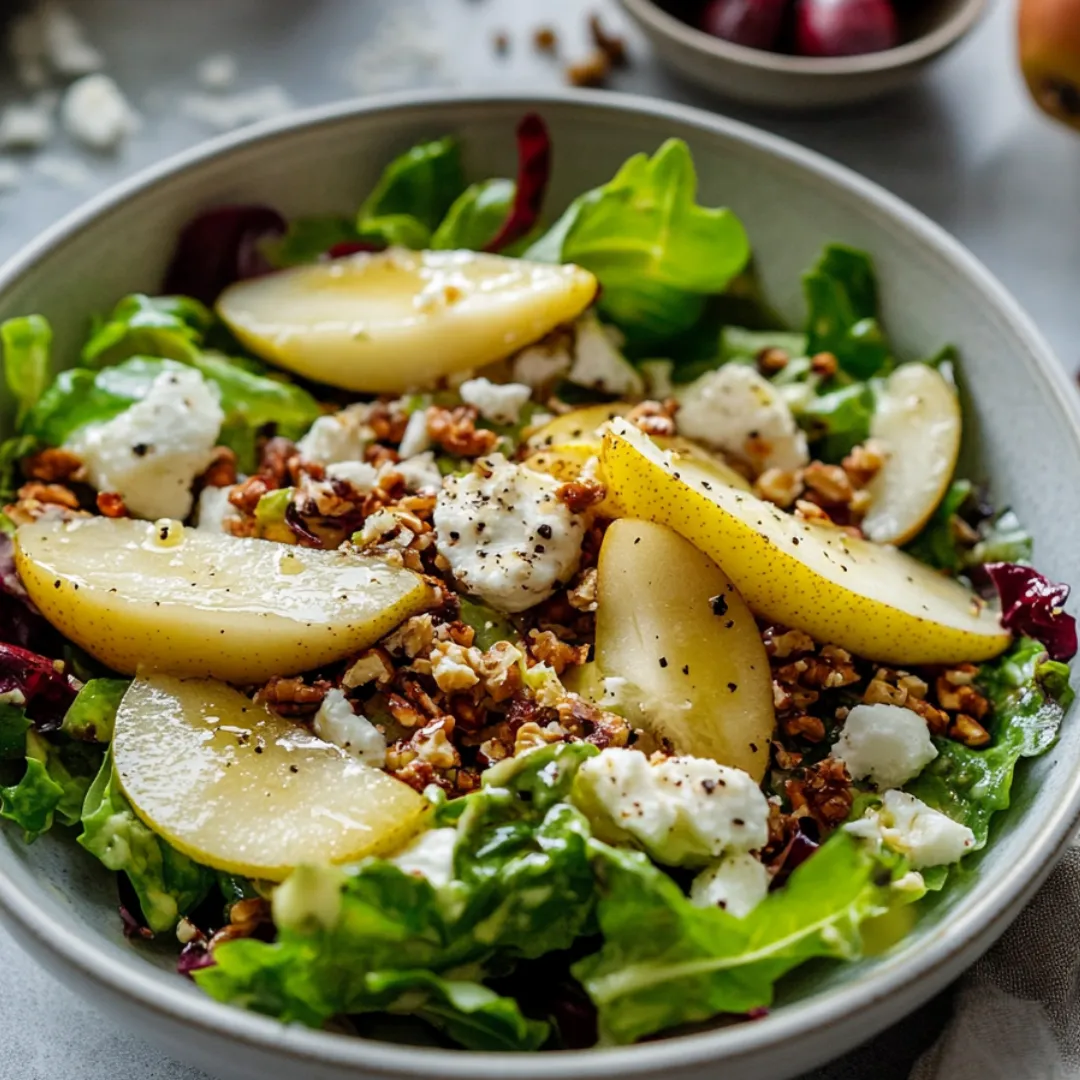 Schüssel mit Salat, Fetabröckchen und Birnenscheiben.