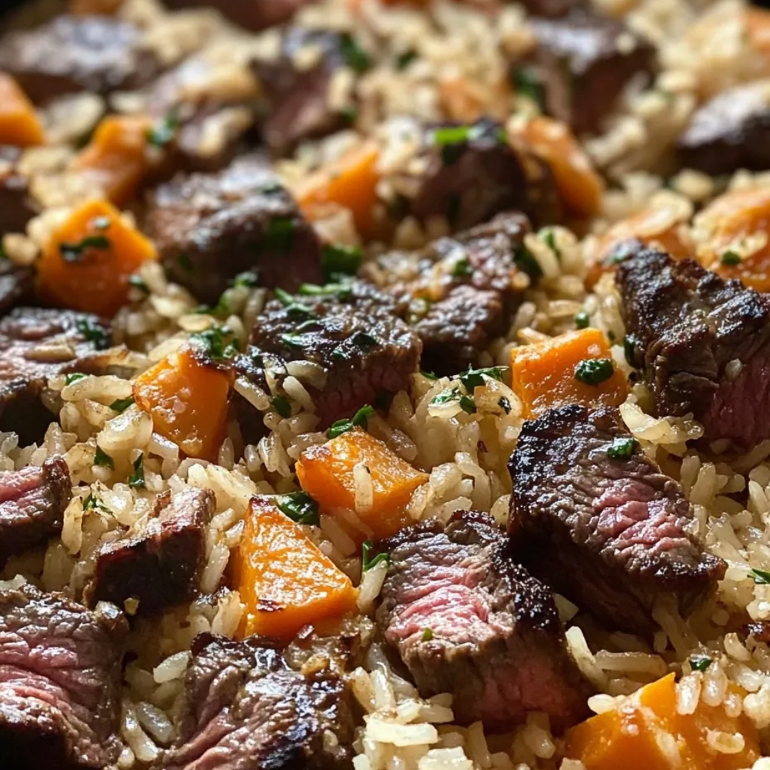 Eine Nahaufnahme eines Gerichts mit Reis und Fleisch.