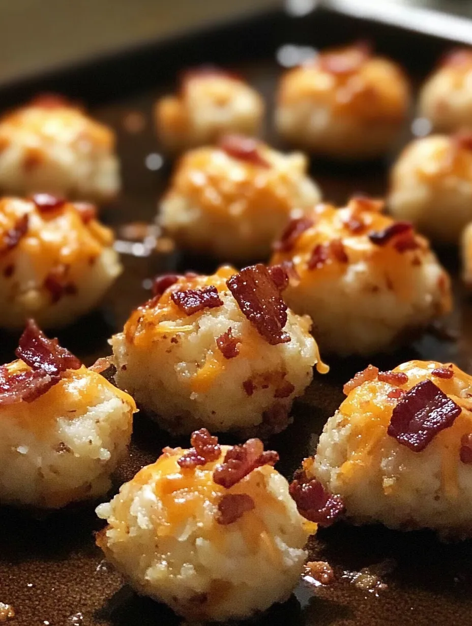 Bacon and cheese balls on a baking sheet.