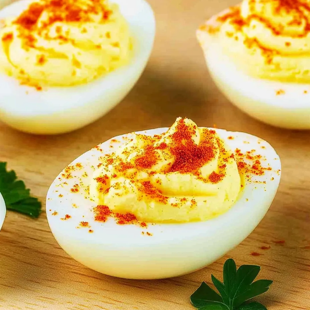 Eine Nahaufnahme eines hartgekochten Eis mit einem Löffel Butter und Gewürzen.