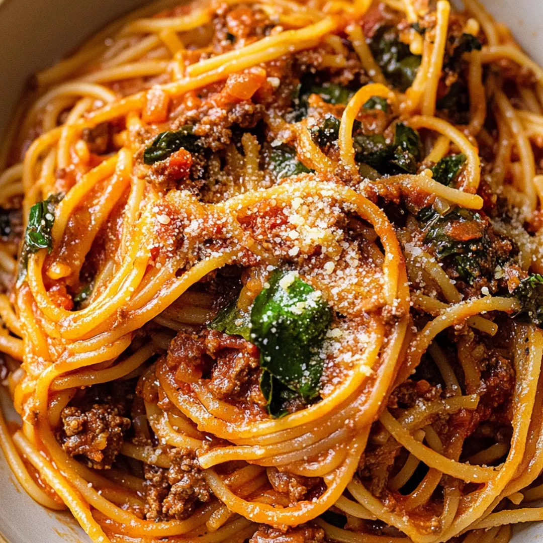 Eine köstliche Schüssel Spaghetti mit fleischiger Sauce und frischen Kräutern garniert.
