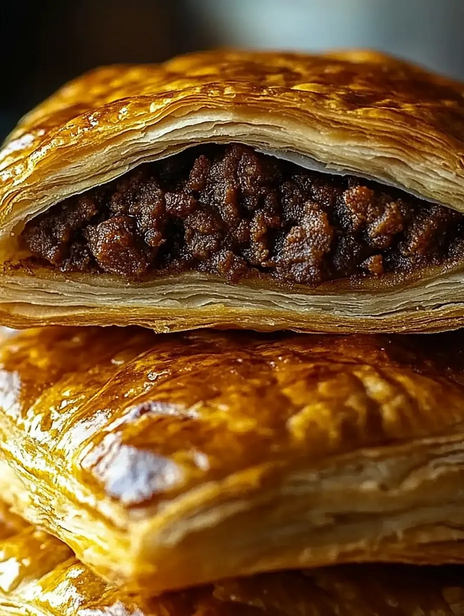 Ein Gebäck mit einer Füllung aus Fleisch und Sauce.