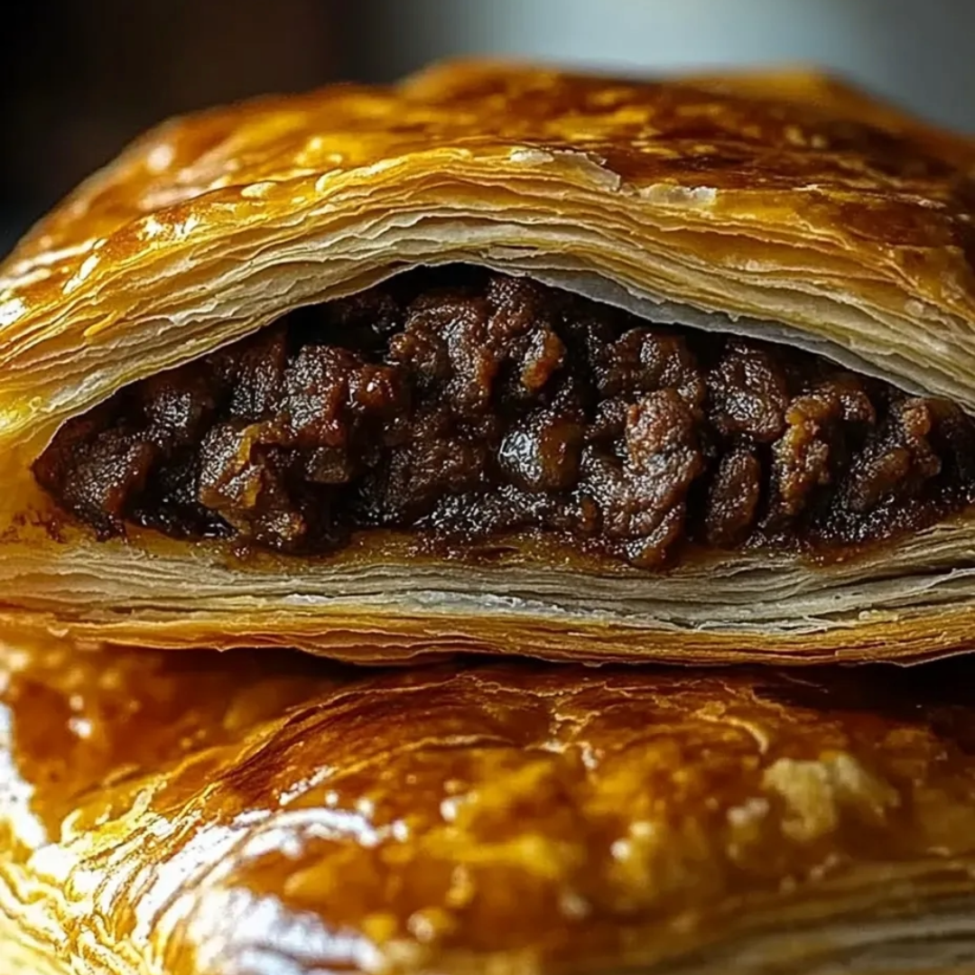 Eine Pastete mit einer Füllung aus Fleisch und Gemüse.